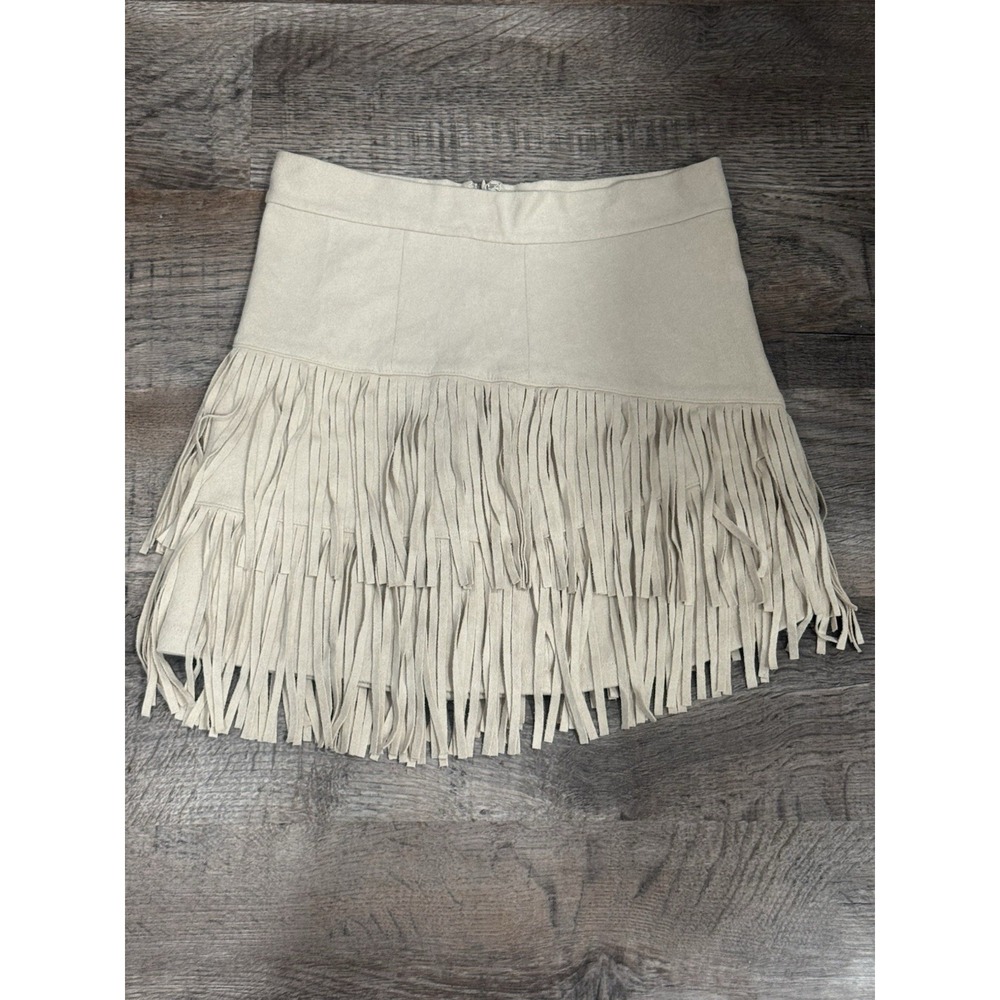 Altar'd State Suede Fringe Mini Skirt Women's Medium Cream Western Country